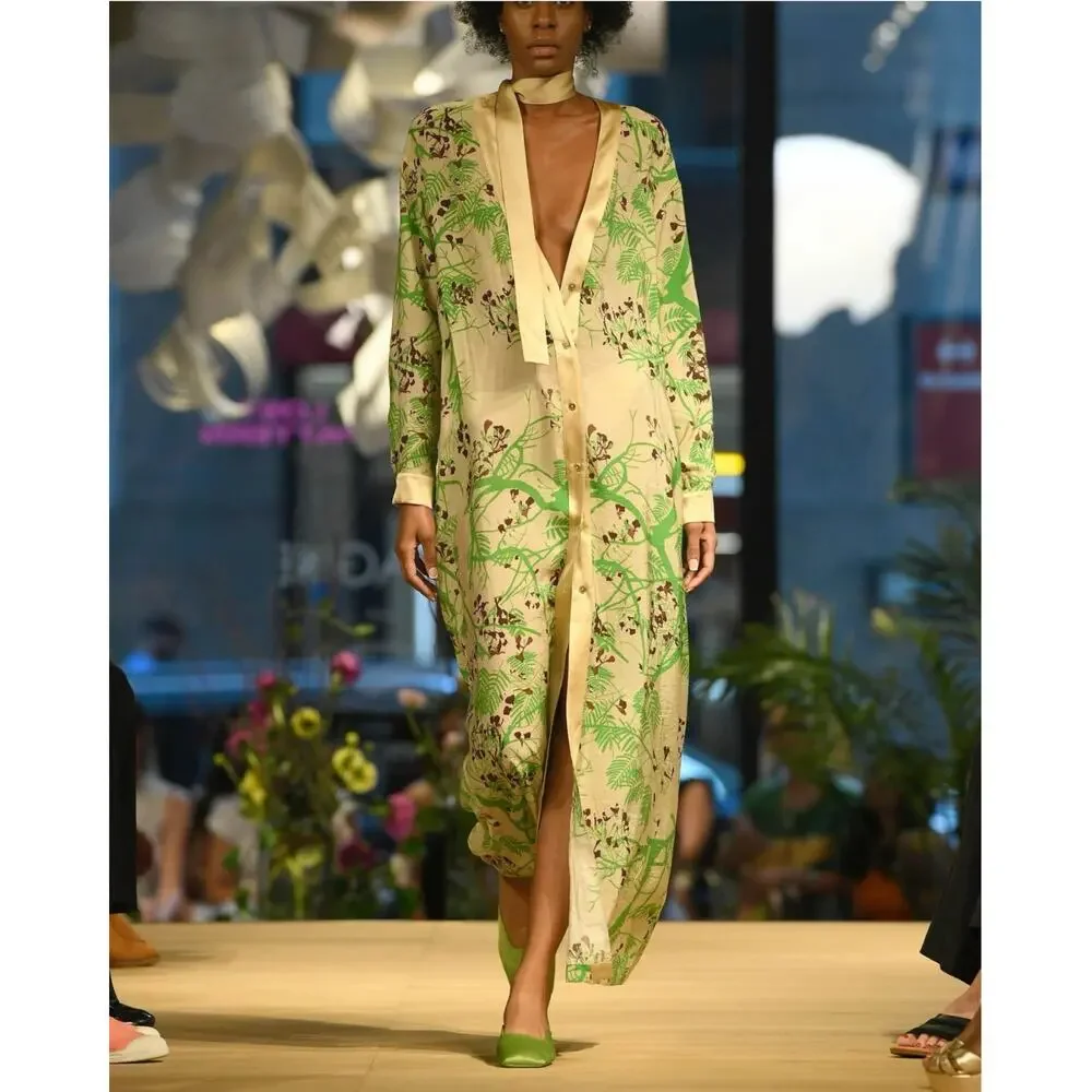 Large LOST PATTERN Coco Dream Belted Kaftan Shirt Dress Green Caftan Coverup - Picture 3 of 16